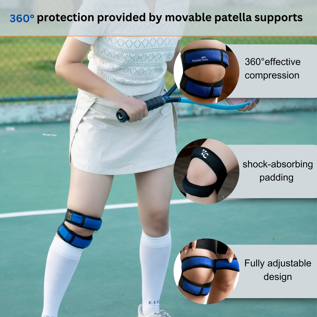 Wonder Care Adjustable Knee Neoprene_Blend Brace For Pain, Patella, Strap For Workout, Sports, Arthritis, Acl, Mcl, Meniscus Tear Patellar Tendon Support Men & Women Free Size (4, Blue)