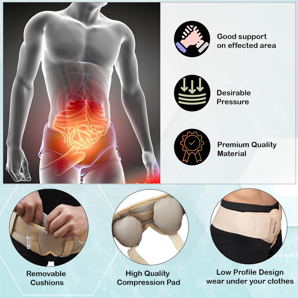 Wonder Care Inguinal Groin Hernia Support Belt for Post Surgery Men’s Hernia Guard Inguinal Truss Hernia Belt Adjustable Waist Strap with 2 Removable Compression Pads