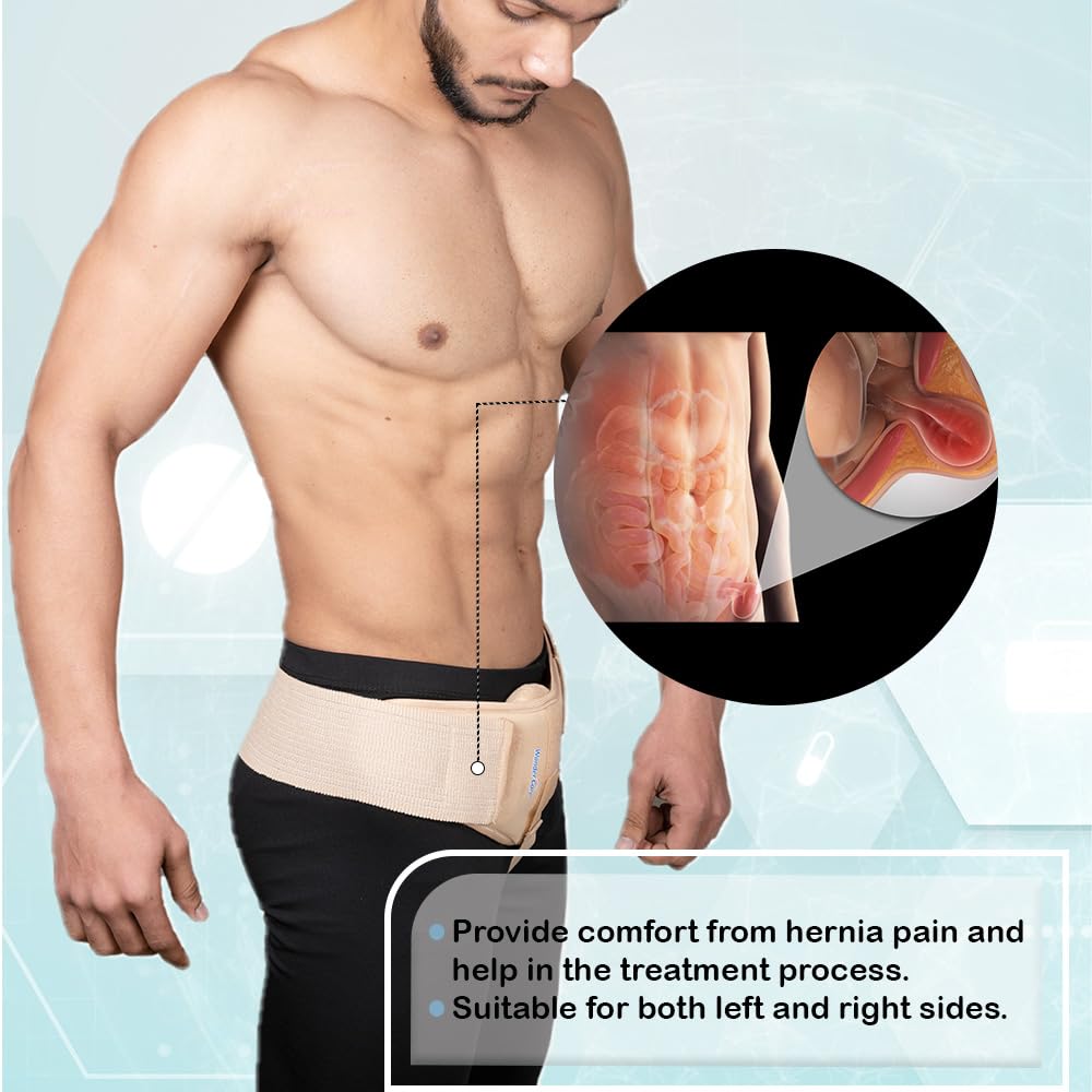 Wonder Care Inguinal Groin Hernia Support Belt for Post Surgery Men’s Hernia Guard Inguinal Truss Hernia Belt Adjustable Waist Strap with 2 Removable Compression Pads
