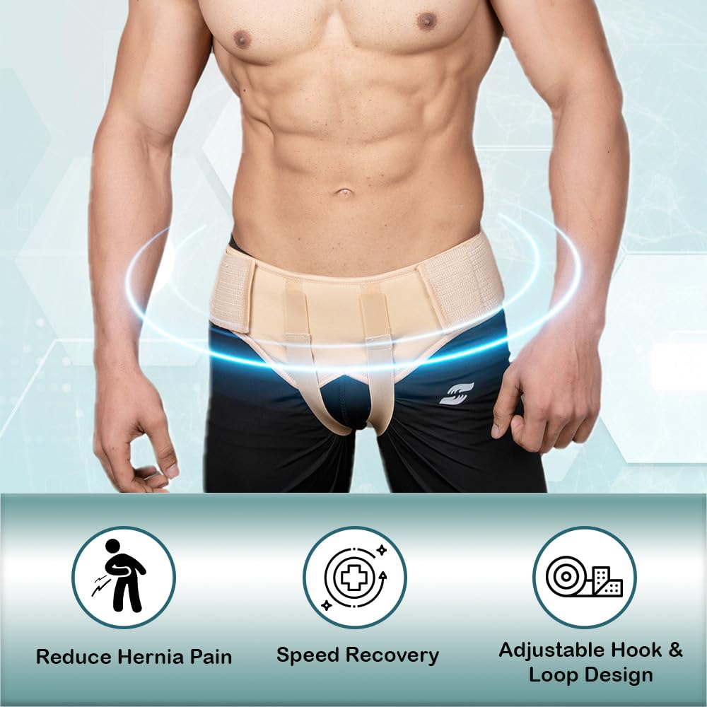 Wonder Care Inguinal Groin Hernia Support Belt for Post Surgery Men’s Hernia Guard Inguinal Truss Hernia Belt Adjustable Waist Strap with 2 Removable Compression Pads