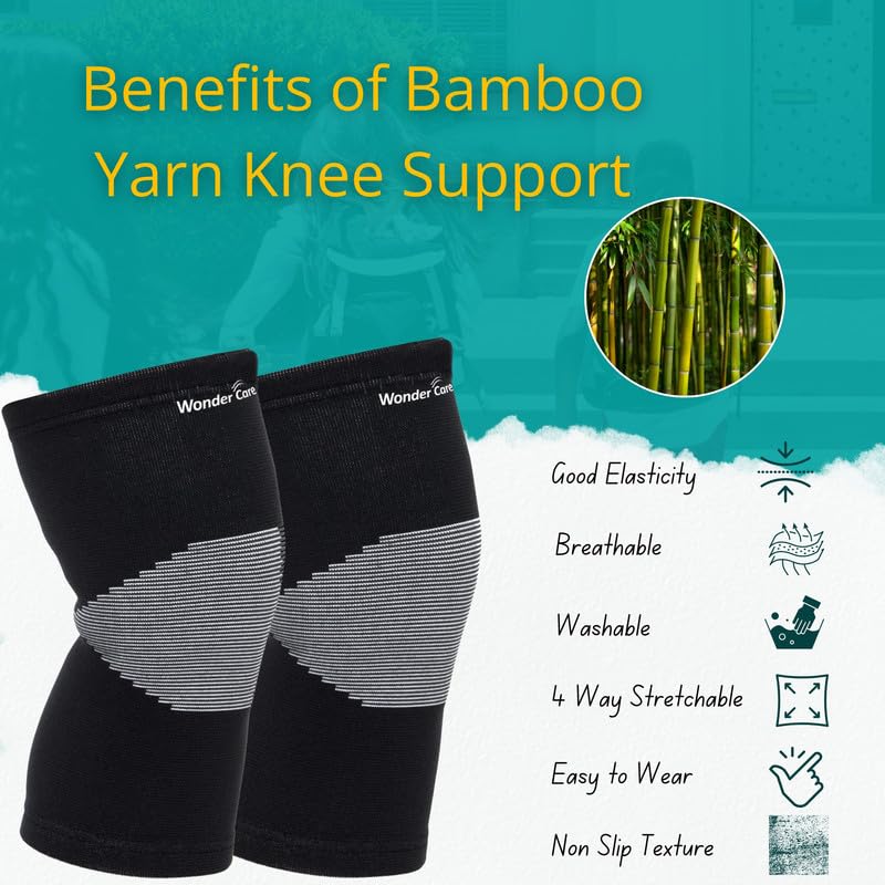 Wonder Care Black Bamboo Knee Sleeves for Men/Women, Knee Support for Running, Gym, Badminton, Sports, Compression Knee Sleeves | Perfect Knee Brace for Knee Pain and Enhanced Comfort - 1 Pair(XL)