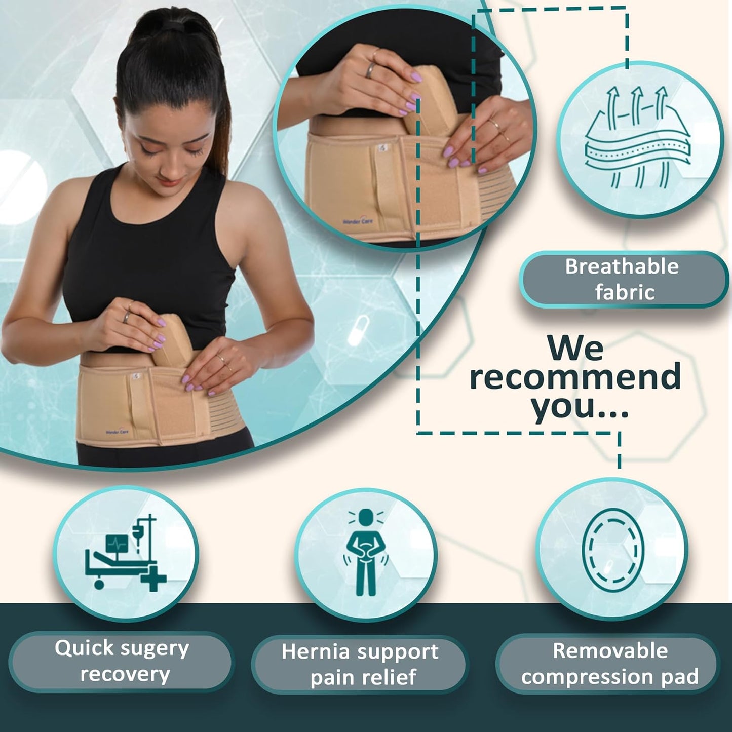 Wonder Care Polyester Umbilical Hernia Belt Hernia Support Brace with Removable Compression Pad Navel Hernia Pain Relief for Men & Women
