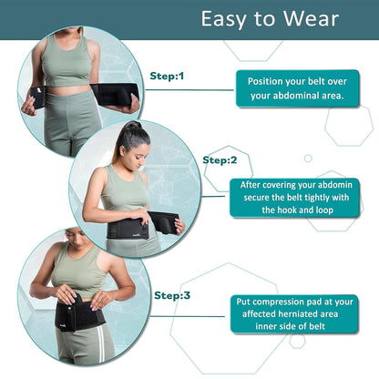 Wonder Care Polyester, Umbilical Black Hernia Belt Pain Relief Support Brace With 1 Removable Compression Pad For Men & Women