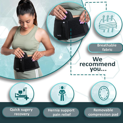 Wonder Care Polyester, Umbilical Black Hernia Belt Pain Relief Support Brace With 1 Removable Compression Pad For Men & Women